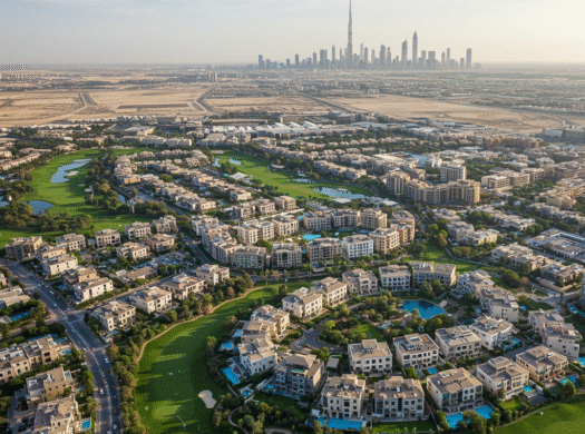 Aerial view of Dubai Hills Estate showing luxury villas, modern apartments, golf course, and green landscapes with Burj Khalifa visible in the distance.